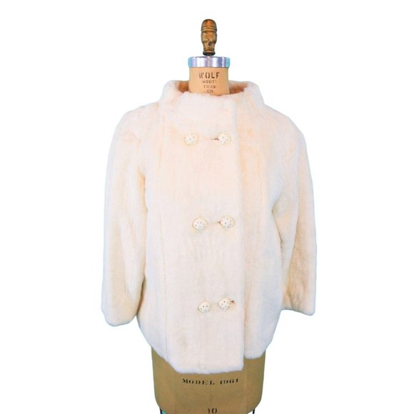 Vintage 1960s Faux Fur Jacket White Rhinestone Buttons Glamorous Evening - Picture 3 of 10